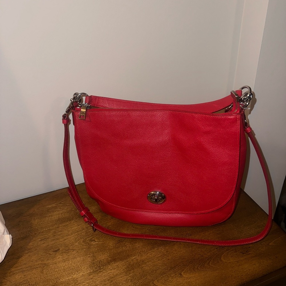 Coach Pebble Leather Turnlock Hobo Crossbody Bag- RED - Picture 4 of 16